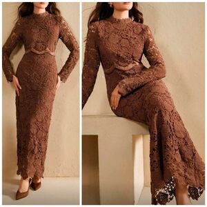 New Floral Embroidered Lace Sheer Mock Neck Scalloped Midi Dress Coffee Brown
